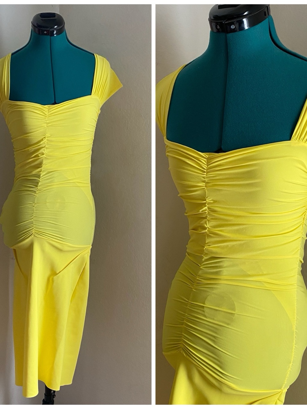 La Petite  Robe di Chiaraboni Yellow Bodycon Ruched Square-Neck Midi Dress 40
